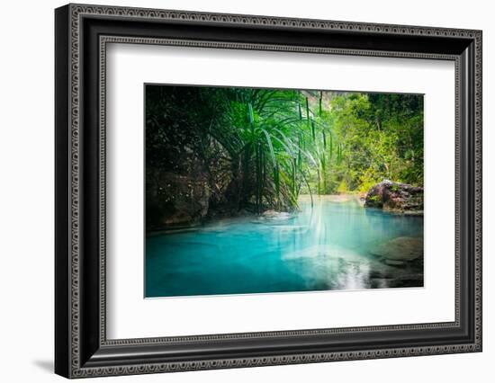 Jungle Landscape with Flowing Turquoise Water of Erawan Cascade Waterfall at Deep Tropical Rain For-Perfect Lazybones-Framed Photographic Print