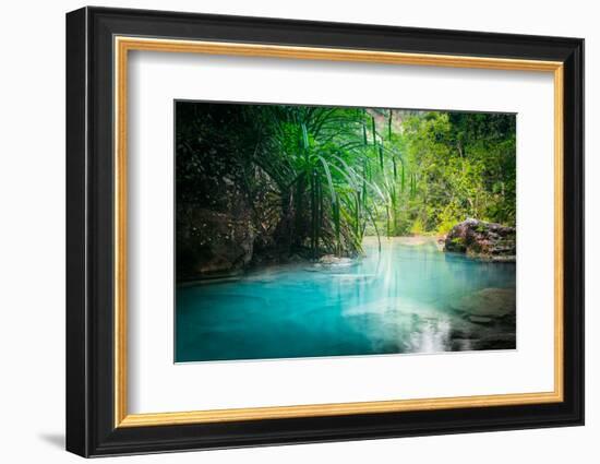 Jungle Landscape with Flowing Turquoise Water of Erawan Cascade Waterfall at Deep Tropical Rain For-Perfect Lazybones-Framed Photographic Print