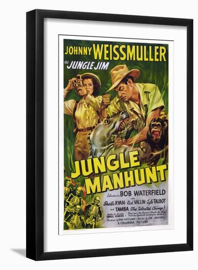 Jungle Manhunt, from Left, Sheila Ryan, Johnny Weissmuller, 1951-null-Framed Art Print