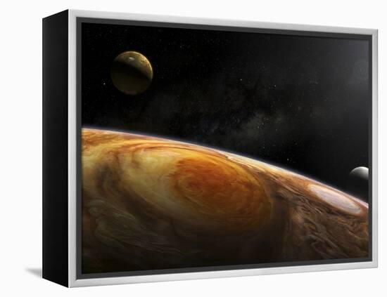 Jupiter's Moons Io and Europa Hover over the Great Red Spot on Jupiter-Stocktrek Images-Framed Premier Image Canvas