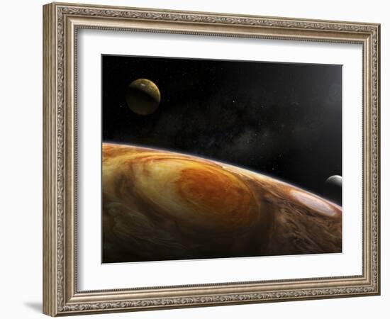 Jupiter's Moons Io and Europa Hover over the Great Red Spot on Jupiter-Stocktrek Images-Framed Photographic Print