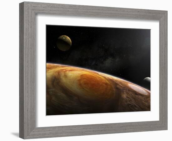 Jupiter's Moons Io and Europa Hover over the Great Red Spot on Jupiter-Stocktrek Images-Framed Photographic Print