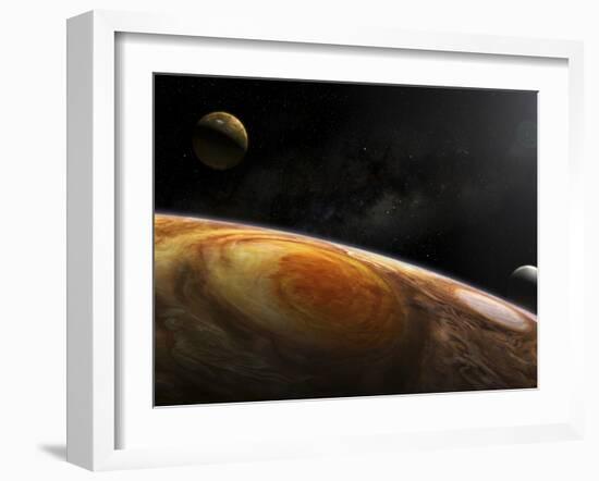 Jupiter's Moons Io and Europa Hover over the Great Red Spot on Jupiter-Stocktrek Images-Framed Photographic Print