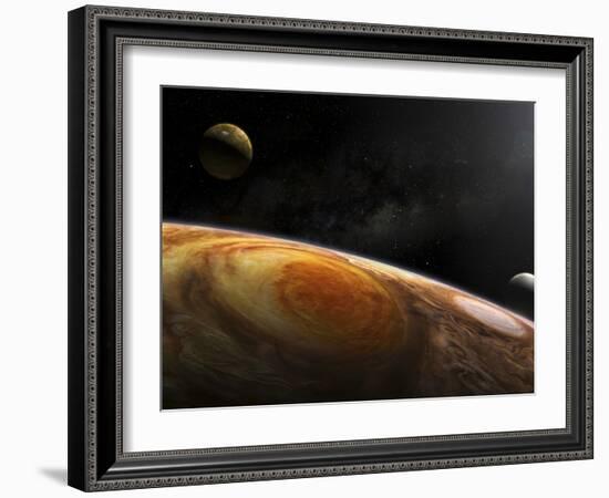 Jupiter's Moons Io and Europa Hover over the Great Red Spot on Jupiter-Stocktrek Images-Framed Photographic Print