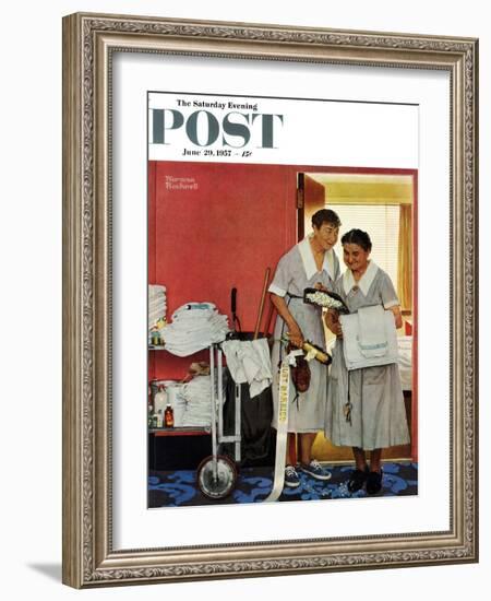 "Just Married" (hotel maids and confetti) Saturday Evening Post Cover, June 29,1957-Norman Rockwell-Framed Giclee Print