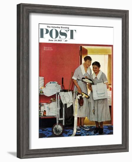 "Just Married" (hotel maids and confetti) Saturday Evening Post Cover, June 29,1957-Norman Rockwell-Framed Giclee Print