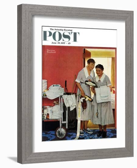 "Just Married" (hotel maids and confetti) Saturday Evening Post Cover, June 29,1957-Norman Rockwell-Framed Giclee Print