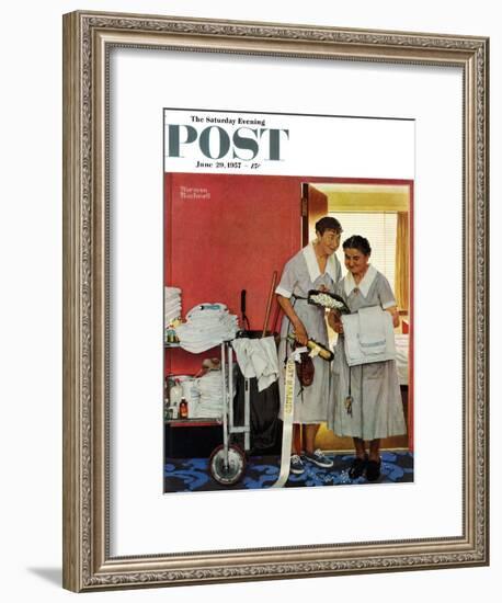 "Just Married" (hotel maids and confetti) Saturday Evening Post Cover, June 29,1957-Norman Rockwell-Framed Giclee Print