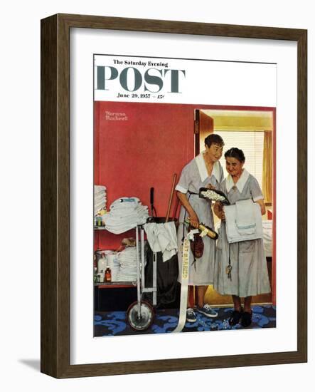 "Just Married" (hotel maids and confetti) Saturday Evening Post Cover, June 29,1957-Norman Rockwell-Framed Giclee Print