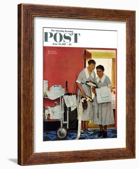 "Just Married" (hotel maids and confetti) Saturday Evening Post Cover, June 29,1957-Norman Rockwell-Framed Giclee Print