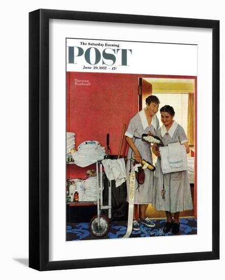 "Just Married" (hotel maids and confetti) Saturday Evening Post Cover, June 29,1957-Norman Rockwell-Framed Giclee Print