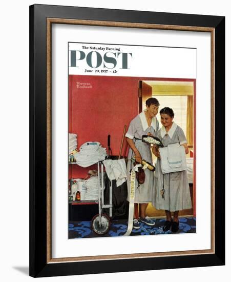 "Just Married" (hotel maids and confetti) Saturday Evening Post Cover, June 29,1957-Norman Rockwell-Framed Giclee Print