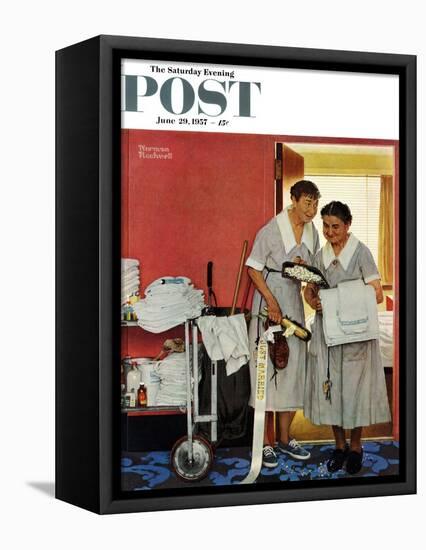 "Just Married" (hotel maids and confetti) Saturday Evening Post Cover, June 29,1957-Norman Rockwell-Framed Premier Image Canvas
