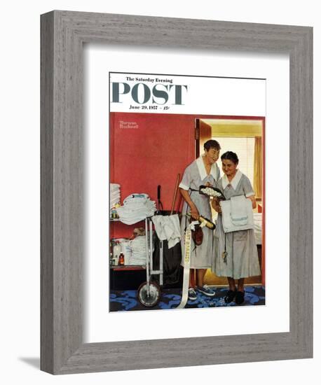 "Just Married" (hotel maids and confetti) Saturday Evening Post Cover, June 29,1957-Norman Rockwell-Framed Giclee Print