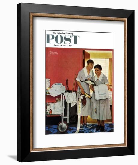 "Just Married" (hotel maids and confetti) Saturday Evening Post Cover, June 29,1957-Norman Rockwell-Framed Giclee Print