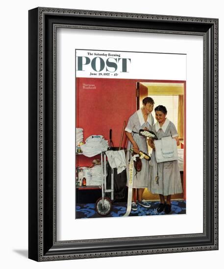 "Just Married" (hotel maids and confetti) Saturday Evening Post Cover, June 29,1957-Norman Rockwell-Framed Giclee Print