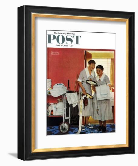 "Just Married" (hotel maids and confetti) Saturday Evening Post Cover, June 29,1957-Norman Rockwell-Framed Giclee Print