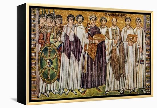 Justinian and His Ministers with Maximian, Bishop of Ravenna-null-Framed Premier Image Canvas