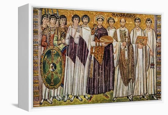 Justinian and His Ministers with Maximian, Bishop of Ravenna-null-Framed Premier Image Canvas