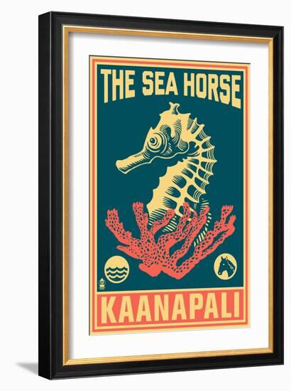 Kaanapali, Hawaii - Seahorse Woodblock (Blue and Pink)-Lantern Press-Framed Art Print