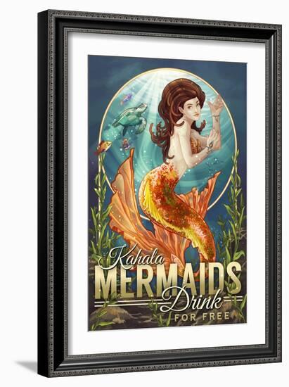 Kahala, Hawaii - Mermaids Drink for Free-Lantern Press-Framed Art Print