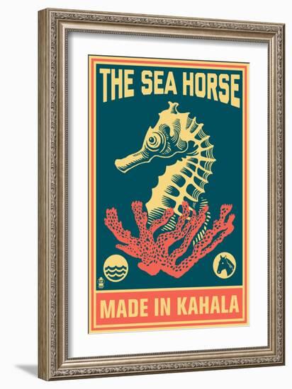 Kahala, Hawaii - Seahorse Woodblock (Blue and Pink)-Lantern Press-Framed Premium Giclee Print