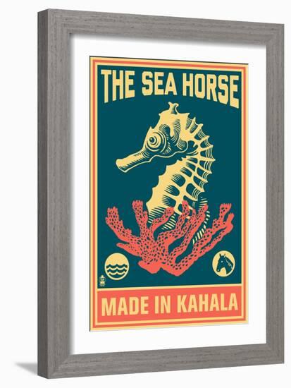 Kahala, Hawaii - Seahorse Woodblock (Blue and Pink)-Lantern Press-Framed Premium Giclee Print