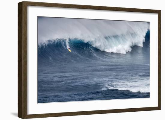 Kai Lenny on Stand Up Paddle Board Surfing Monster Waves at Pe'Ahi Jaws, North Shore Maui-Janis Miglavs-Framed Photographic Print