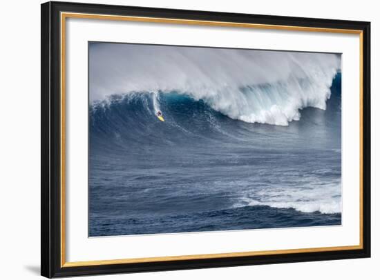 Kai Lenny on Stand Up Paddle Board Surfing Monster Waves at Pe'Ahi Jaws, North Shore Maui-Janis Miglavs-Framed Photographic Print