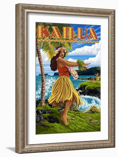 Kailua, Hawaii - Hula Girl on Coast-Lantern Press-Framed Art Print