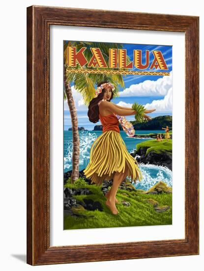 Kailua, Hawaii - Hula Girl on Coast-Lantern Press-Framed Art Print