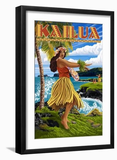 Kailua, Hawaii - Hula Girl on Coast-Lantern Press-Framed Art Print