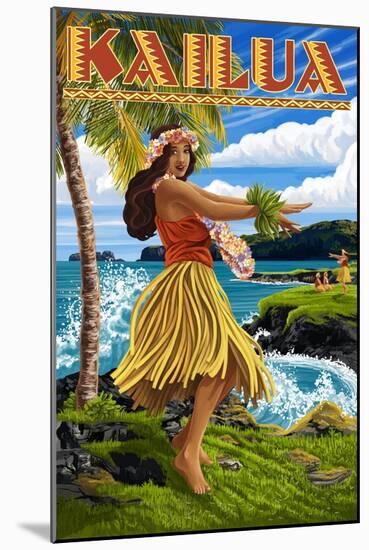 Kailua, Hawaii - Hula Girl on Coast-Lantern Press-Mounted Art Print