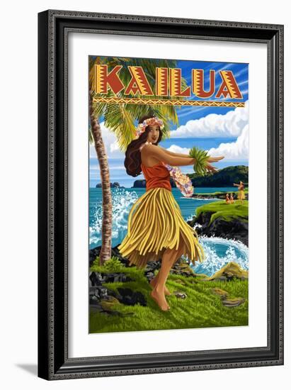 Kailua, Hawaii - Hula Girl on Coast-Lantern Press-Framed Art Print