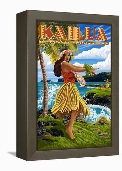 Kailua, Hawaii - Hula Girl on Coast-Lantern Press-Framed Stretched Canvas