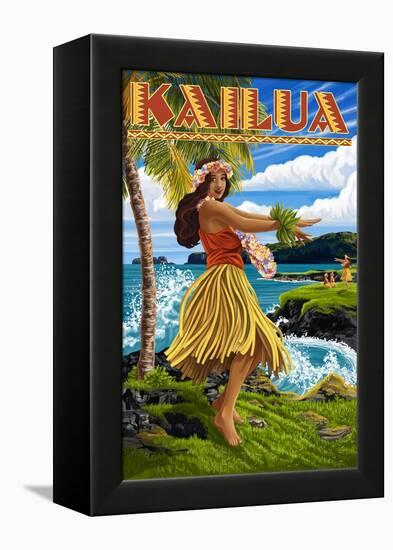 Kailua, Hawaii - Hula Girl on Coast-Lantern Press-Framed Stretched Canvas