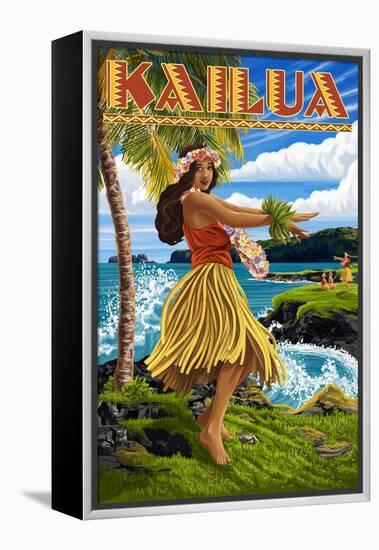 Kailua, Hawaii - Hula Girl on Coast-Lantern Press-Framed Stretched Canvas
