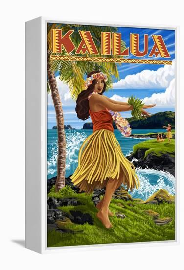 Kailua, Hawaii - Hula Girl on Coast-Lantern Press-Framed Stretched Canvas