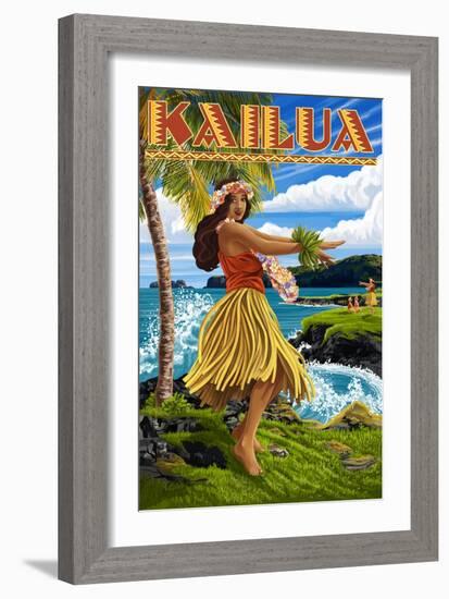 Kailua, Hawaii - Hula Girl on Coast-Lantern Press-Framed Premium Giclee Print