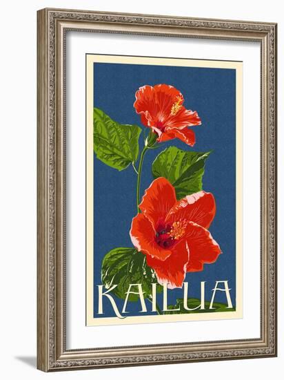 Kailua, Hawaii - Red Hibiscus Flower Letterpress-Lantern Press-Framed Art Print