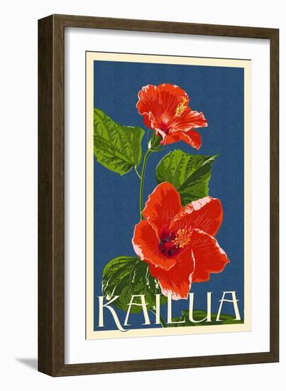 Kailua, Hawaii - Red Hibiscus Flower Letterpress-Lantern Press-Framed Art Print