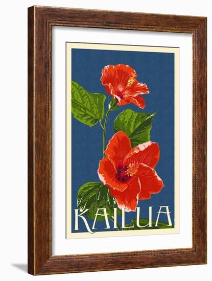 Kailua, Hawaii - Red Hibiscus Flower Letterpress-Lantern Press-Framed Art Print