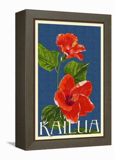 Kailua, Hawaii - Red Hibiscus Flower Letterpress-Lantern Press-Framed Stretched Canvas