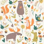 Seamless Autumn Forest Background with Cute Bear, Hare, Squirrel, Elk, Owl, Fox, Flowers, Mushrooms-Kaliaha Volha-Art Print