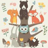 Set of Forest Animals in Cartoon Style. Cute Hedgehog, Birds, Bear, Fox, Hare, Mushrooms, Elk, Snai-Kaliaha Volha-Framed Art Print