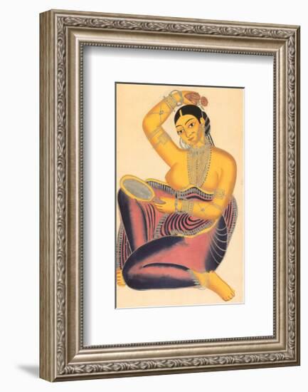 Kalighat Courtesan with Mirror Putting a Rose in Her Hair-null-Framed Art Print