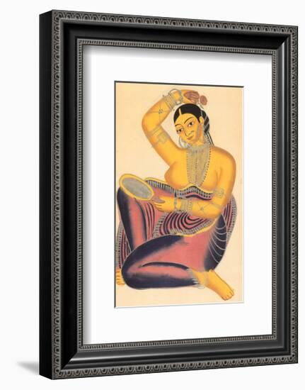 Kalighat Courtesan with Mirror Putting a Rose in Her Hair-null-Framed Art Print