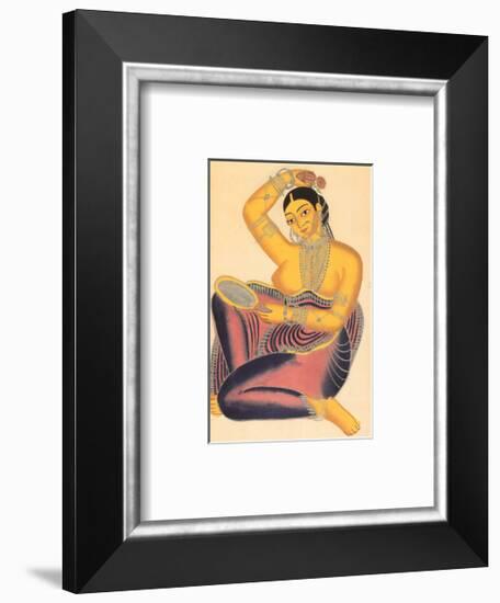 Kalighat Courtesan with Mirror Putting a Rose in Her Hair-null-Framed Art Print