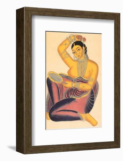 Kalighat Courtesan with Mirror Putting a Rose in Her Hair-null-Framed Art Print