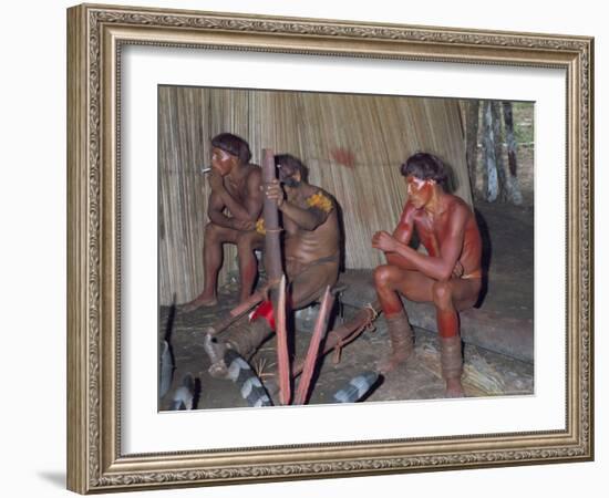 Kamayura Indians Playing Flutes Inside Hut, Xingu Area, Brazil, South America-Robin Hanbury-tenison-Framed Photographic Print